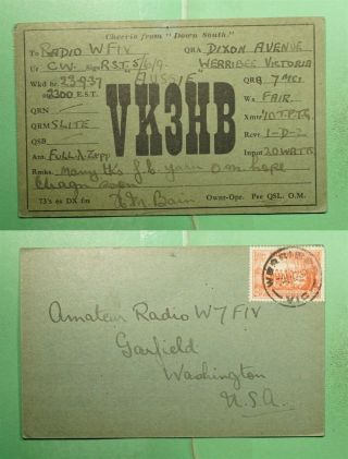 Dr Who 1937 Australia Werribee Qsl Ham Radio Vk3hb Postcard To Usa G08048