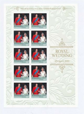 D164988 Australia Mnh Sheetlet Royal Wedding 2011 Prince William Face $aud 6.  00