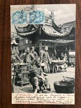 China Old Postcard Chinese City People Market Shanghai Paquebot To France 1900
