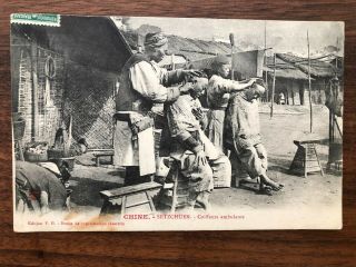 China Old Postcard Chinese Barbers At Street Setzchuen To France 1911