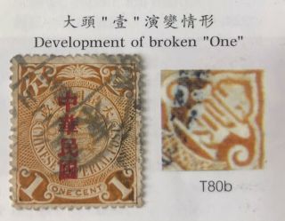 China 1912 Coil Dragon 1c Broken Top Of “one 壹” Variety Vf