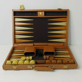 Vintage Aries Of Beverly Hills Backgammon Set Brown Case; Brown White Chips