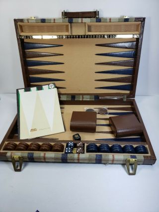 Vintage Aries Of Beverly Hills Backgammon Set Plaid Box Blue Brown