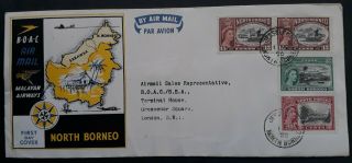 Rare 1956 North Borneo Boac Malayan Airways 75th Anniv Fdc Ties 4 Stamps To Uk