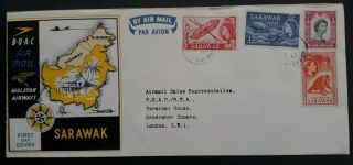 Rare 1957 Sarawak Boac Malayan Airways Pictorial Fdc Ties 4 Stamps Kuching