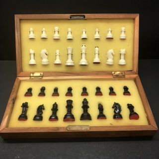 Vintage Magnetic Travel Chess Board Game Box Set,  Wood Box 1940’s Complete