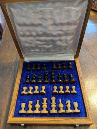 Vintage Marble Stone Unique Hand Carved Mini Chess Set Portable Board Box 8”x8”