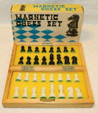 Vintage Magnetic Travel Chess Board Game Box Set,  Wood Felt Bottom Plastic W/box