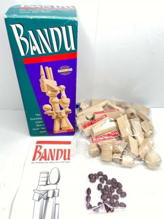 Vintage 1991 Milton Bradley Bandu Wooden Tower Stacking Game W/ Beans - Complete