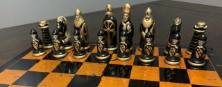 Vintage 1970’s Russian Wooden Hand Painted Chess Set 16” X 16” Red Black Gold