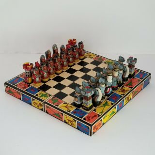 Vtg Chess Set Portable Incas Vs Spanish Conquistadors Peru Hand - Crafted (mayans)