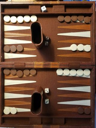 Vintage Large Backgammon Game Set W/ Brown Faux Leather Case