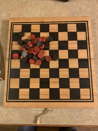 Large Vintage Wood Checker Board & Backgammon Wooden Checkers