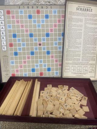 Vintage Scrabble Board Game 1953 Selchow & Righter Wood Tiles 4 Holders Complete