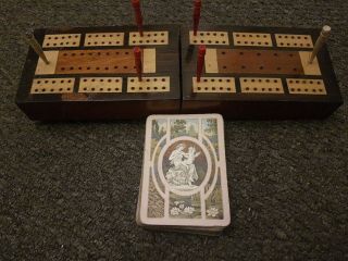 Vintage / Antique Folding Wooden Cribbage Board Box With Pegs Cards