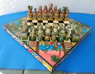 Vintage Handmade Travel Chess Set Aztec Mayan Incas Vs Spanish Conquistadors