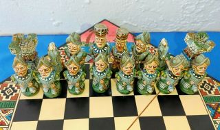 VINTAGE Handmade Travel Chess Set Aztec Mayan Incas VS Spanish Conquistadors 2