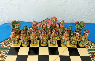 VINTAGE Handmade Travel Chess Set Aztec Mayan Incas VS Spanish Conquistadors 3