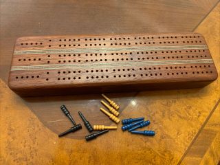 Vintage Wood Cribbage Board Game Set 3 Tracks With Wood Pegs And Storage