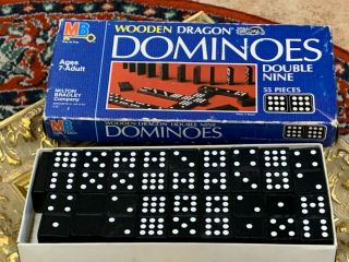 Milton Bradley Wooden Dragon Dominoes Game 4132 Double Nine Box 1986 Complete Eu