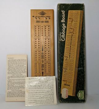 Vintage Es Lowe Wooden Cribbage Board With Metal Pegs Milton Bradley Manuals