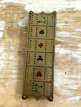 Vintage Heavy Brass Gold Metal Cribbage Game Board Embossed Suits 8 3/4 " Long