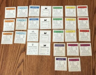 Vintage 1973 Monopoly Property Title Deed Cards - Complete Set Of 28