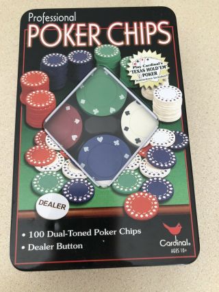 Cardinal Professional Poker Chips & Dealer Button Tin 100 Dual - Toned Poker Chips
