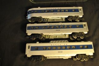 3 Lionel O Blue Stripe Santa Fe Passenger Cars No.  2412,  2414 2416 Postwar Boxes