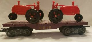 Marx Erie Flat Car W/red Tractors,  8 Wheel,