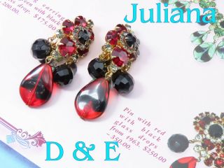 Vintage Juliana D&e Ruby Red And Black Art Glass Dangling Earrings Book Piece