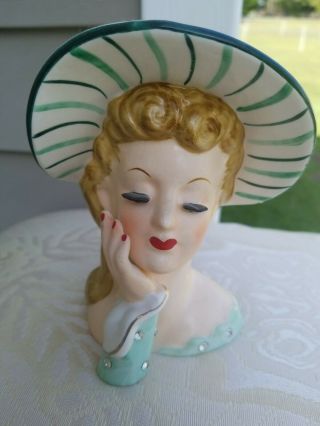 Vintage Napco 1956.  C1776a Ceramic Ladies Head Vase.  Green With Rhinestones.  5 1/2