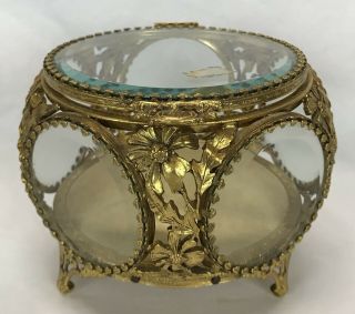 Vintage 5 Sided Brass Gold Filigree Beveled Glass Casket Jewelry Trinket Box