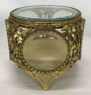 Vintage 5 Sided Brass Gold Filigree Beveled Glass Casket Jewelry Trinket Box 3