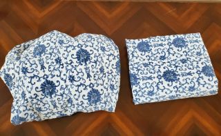 Vintage Lauren Ralph Lauren Blue Porcelain Rosette Full Fitted & Flat Sheet Set