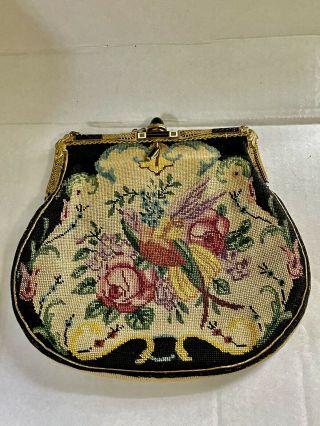 Antique Vintage Petit Point Tapestry Roses Bird Bag Purse Jeweled Enamel Frame
