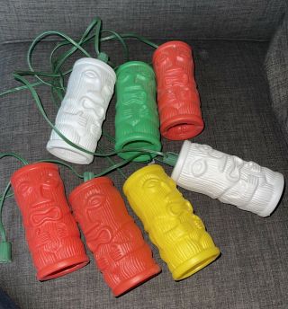 Set Of Seven Vintage Blow Mold Type Plastic Tiki Gods Patio Lights String