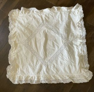 Vintage Set (2) European White Ruffle Shams Embroidery Crochet Country Cottage