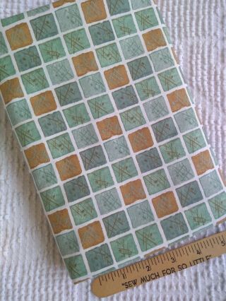Vintage Mcm Green And Gold Geometric Hashmarks Fabric,  4 Yards X 36 " Wof