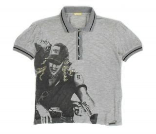 Womens John Galliano Fighters Club Vintage Polo Shirt Grey Printed Italy Size M