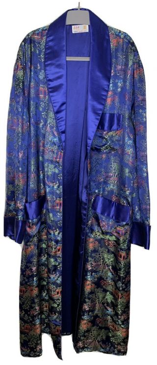 Vintage Kimono Robe Longevity Hangzhou China Long Silk Gorgeous Blue No Sash