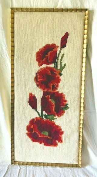 Vintage Hand Embroidered Needlepoint Art Work Wall Hanging Poppies In Gold Frame