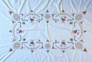 Vintage Hand Embroidered Cross Stitch Floral Rose & Crochet Tablecloth 60 " X50 "