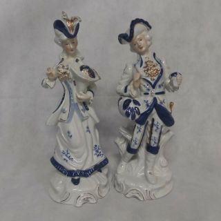 Ucgc Victorian Figurines Man And Woman Blue White Gold 12 " Vintage Ceramic