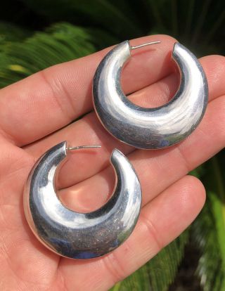 Vtg Taxco Modernist Mexico Sterling Silver Large Hollow Wide Hoop Earrings 1.  5 "