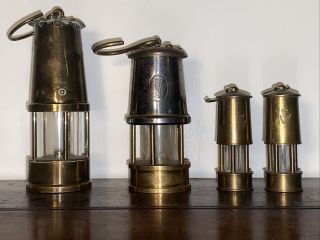 Four Vintage Brass Miners Lamps Inc Miniature,  Prince Of Wales Feathers