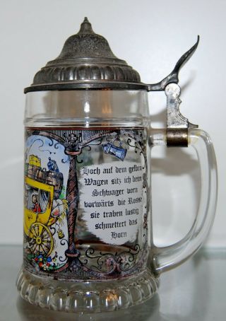 Vintage Bmf Painted Glass Beer Stein Mug With Pewter Lid Made In W Germany