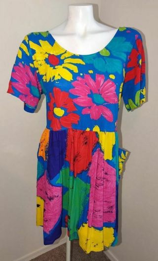 Vtg Jams World Rare Brightest Floral Print Babydoll Pockets Hattie Dress Large