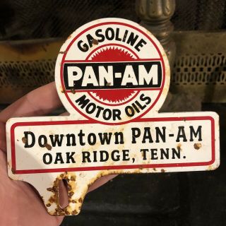 Pan Am Motor Oils And Gasoline Metal License Plate Topper Vintage Sign