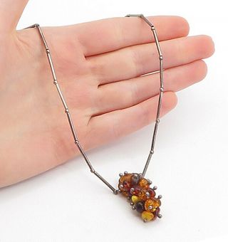 925 Sterling Silver - Vintage Amber Bead Cluster Bar Link Chain Necklace - Ne1083